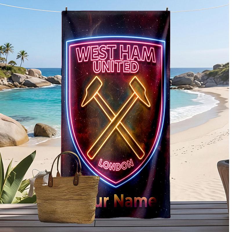 West Ham United FC Personalized Printed Beach Towel Soccer Logo Support Custom Name Text Absorbent Towel For Sport Travel Special Gift