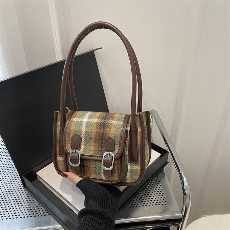 Осенняя шерстяная клетчатая сумка для женщин, новая ретро-сумка для подмышек, высококачественная сумка-седло на одно плечо