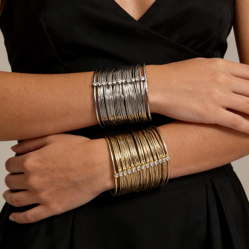 European and American exaggerated fashion punk style open iron winding multi-layer wide-sided bracelet design sense slightly inlaid zircon model