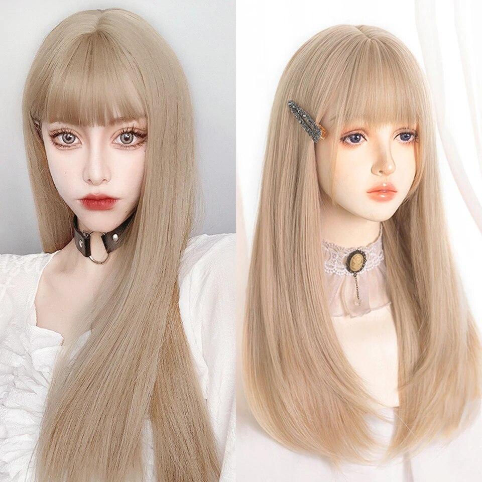 Синтетический длинный прямой розовый парик женский косплей парик с челкой термостойкое волокно повседневные накладные волосы для вечеринок