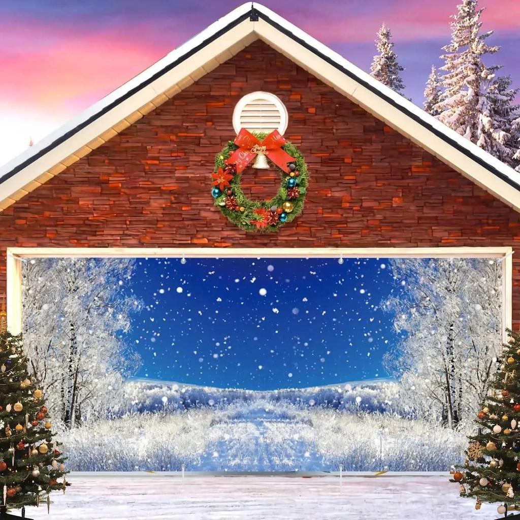 104. Winter Garage Door Decoration Banner Snowy Forest Backdrop Christmas Winter Festival Party Large Hanging Photography BackgroundM251125