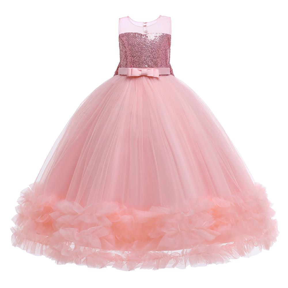 Girls Sequins Tulle Dress Sleeveless Bowknot Birthday Prom Princess Wedding Pageant Communion Party Long Ball Gown