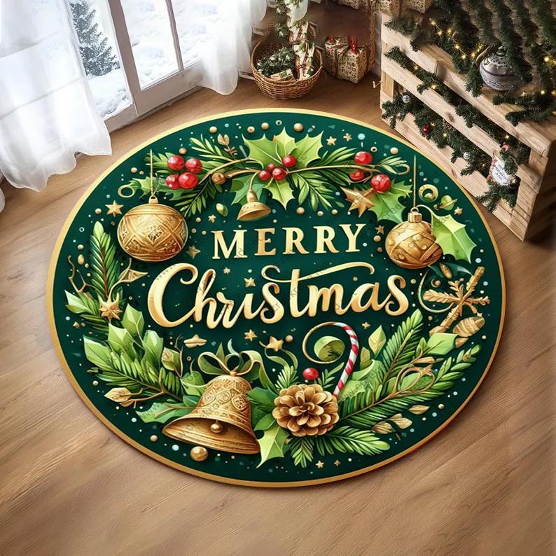 Christmas Ornaments Round Rug Merry Christmas Santa Rudolph Riding Home Mat Living Room Decor Sofa Rug Festival Event Carpet