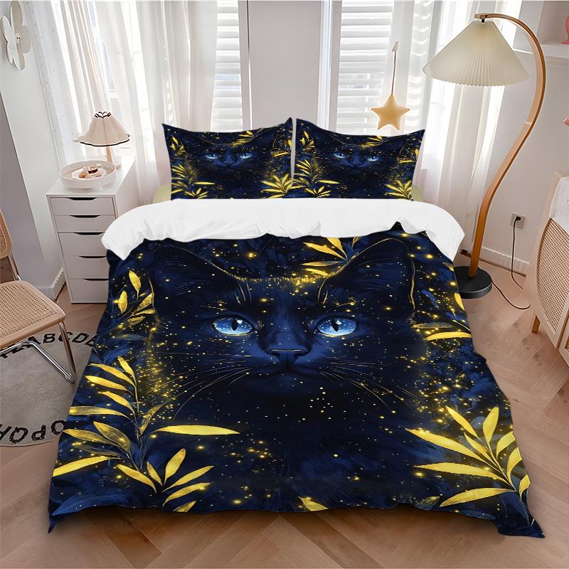 3pcs Midnight Black Cat Duvet Cover Set - Machine Washable, Includes 1 Cover and 2 Pillowcases, No Core Included yy251013043