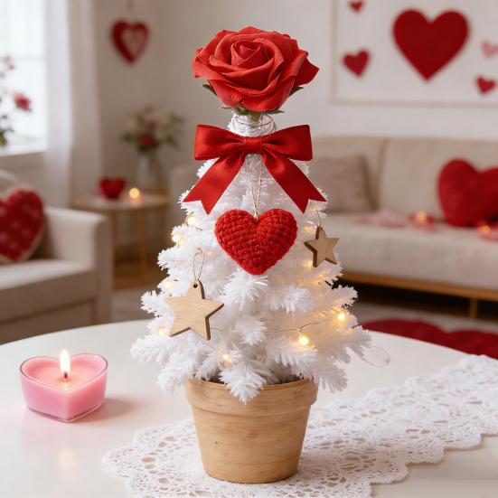Верхушка для елки на День святого Валентина Красная роза Верхушка для елки со спиральной проволочной основой Романтическое украшение в виде розы для украшения мини-елок Праздничная вечеринка Домашний декор