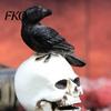 Resin Skeleton Statue Mystical Raven on Skull Statue, Gothic Crow Perching Figurine Aged Texture Decor with Book, Spooky Halloween Sculpture for Desk