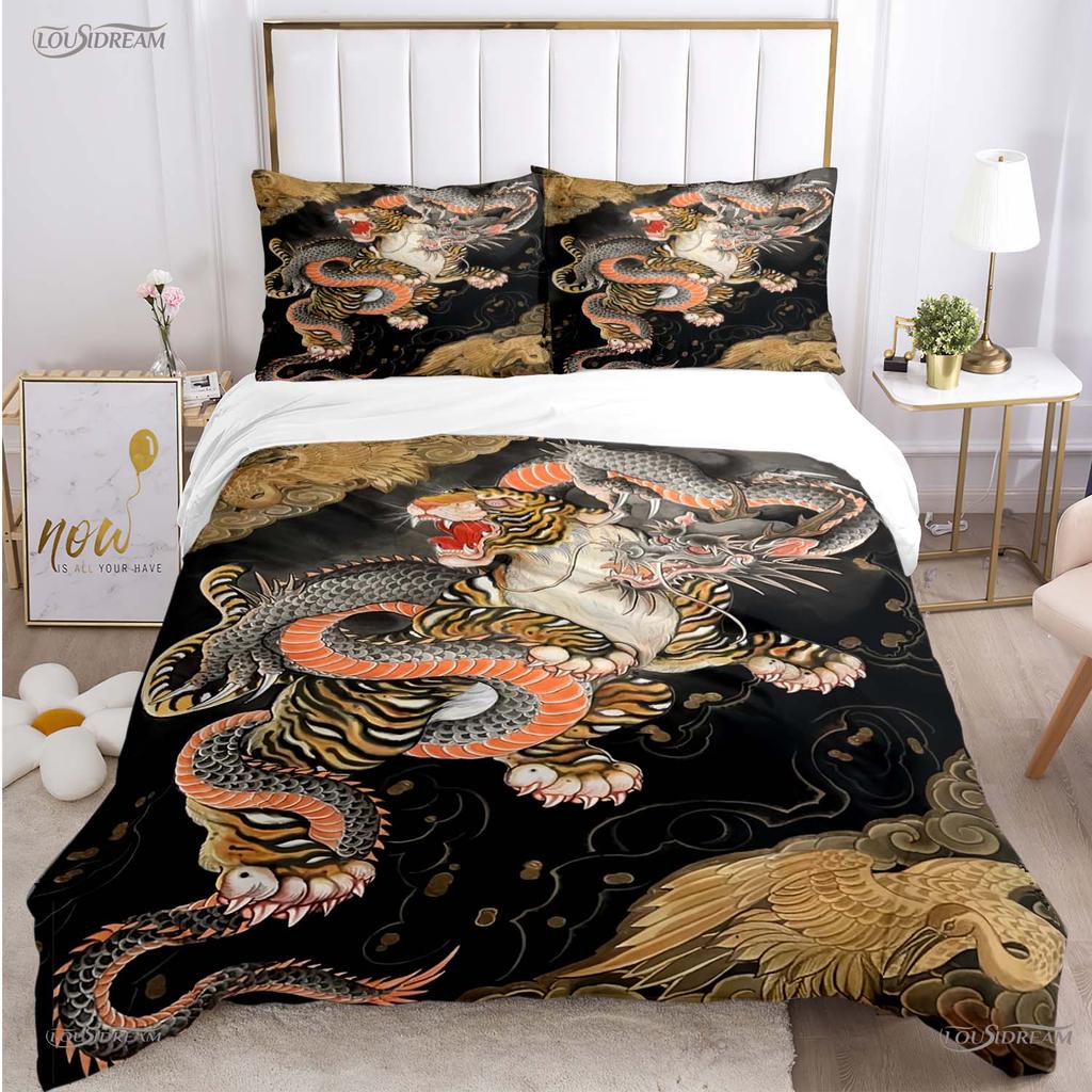 Fashion Dragon and Tiger Battle All Season Duvet Cover Bedding Sets Soft Quilt Cover and Pillowcases Single/Double/Queen/King