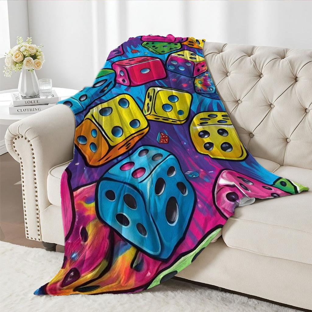 Colorful Dice Print Flannel Throw Blanket – Fun Gamers Gift for Home Office Sofa Car Nap