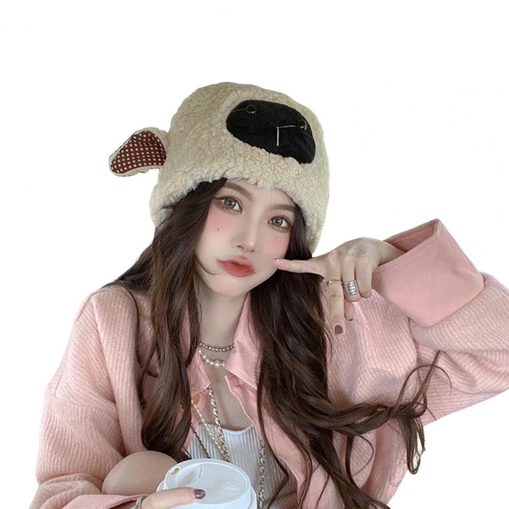 Lady Winter Hat Cartoon Lamb Head Shape Thick Fleece Ear Dome Heat Retention Outdoor Photo Prop Daily Cap