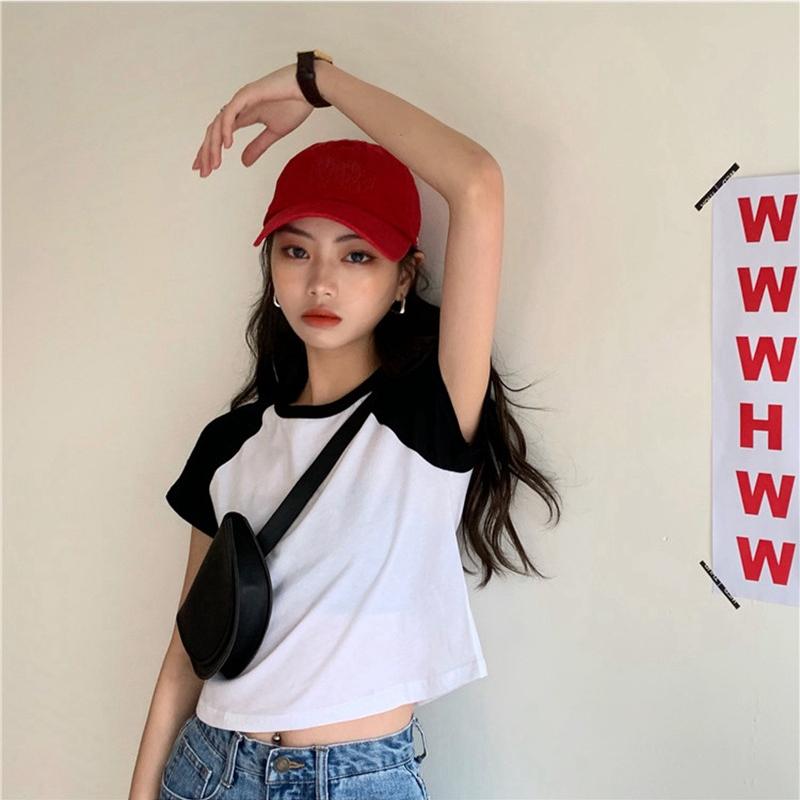 Harajuku Простые укороченные топы с блокировкой цвета Женская повседневная футболка с коротким рукавом Летняя тонкая короткая футболка для молодой девушки Спортивный топ в корейском стиле