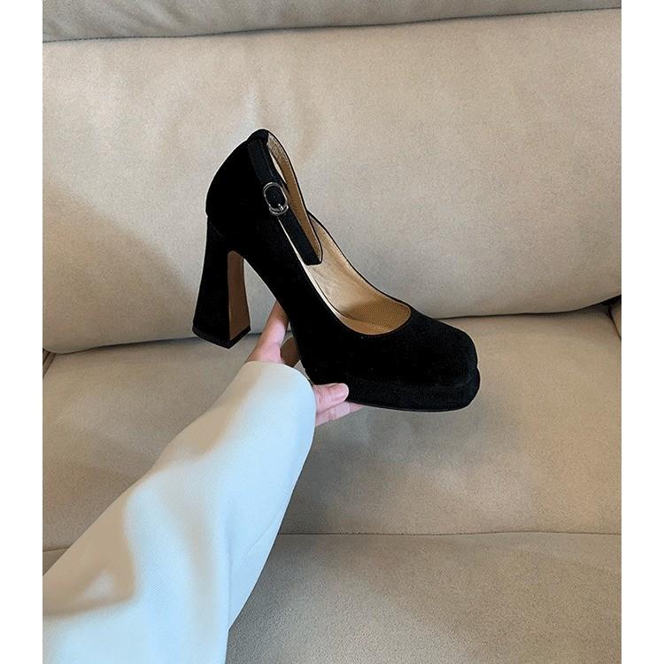 Fashion Women Sexy Black Ankle Strap High Heels Autumn Woman Flock Round Toe Pumps Female Suede Buckle Fashion Shallow Pumps