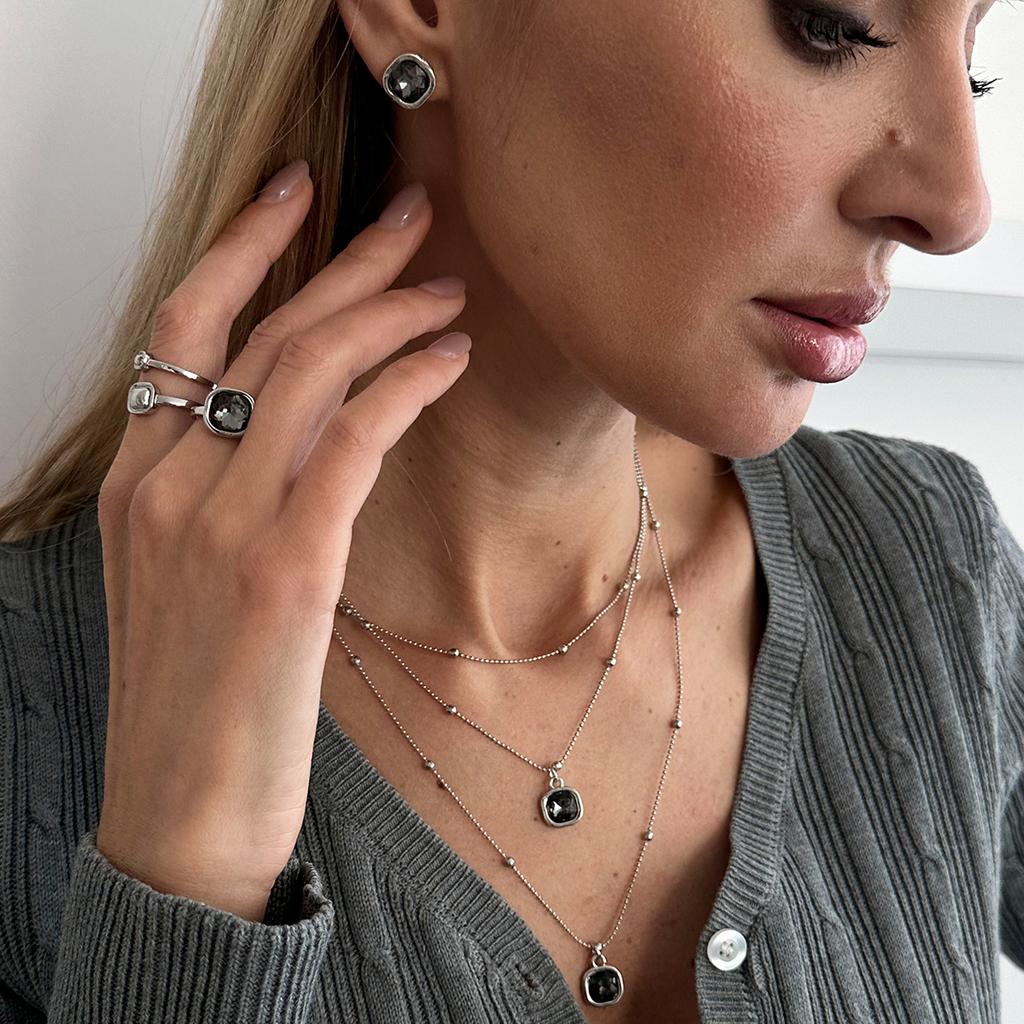 SHIXIN New Elegant Rhinestone Pendant Necklace Earrings Open Ring Set for Women Luxury Simple Multi Layer Stackable Jewelry Set