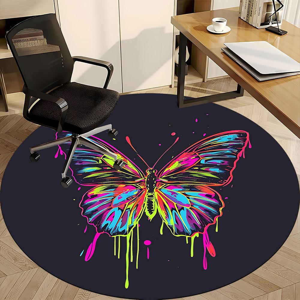 1PC Butterfly Neon Office Round Area Rug, Mat Suitable For Office, Under Office Chairs Bedroom Living Room Home Decor, Room Deco