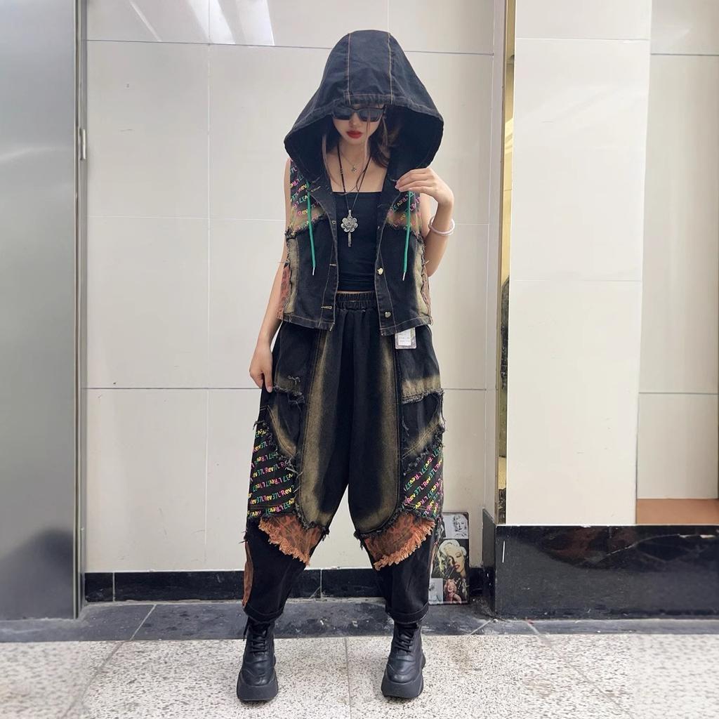 Fashion personality trendy cool women's clothing spring and autumn new denim hooded vest + elastic waist Harlan pants suit trendy