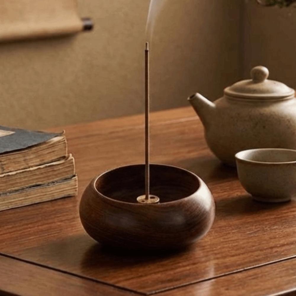 Solid Wood Incense Burner Handcrafted Bowl Shape Censer Eco-Friendly Incense Base Tea Room
