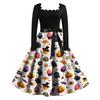 Women's Vintage Long Sleeve Square Neck Halloween Print Party Dress with Flared Skirt and Waist Tie for Evening Events