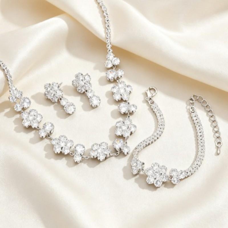 Womens Jewelry Set Zircon Drop Flower Clover Earrings Necklace Bracelet Fresh Style