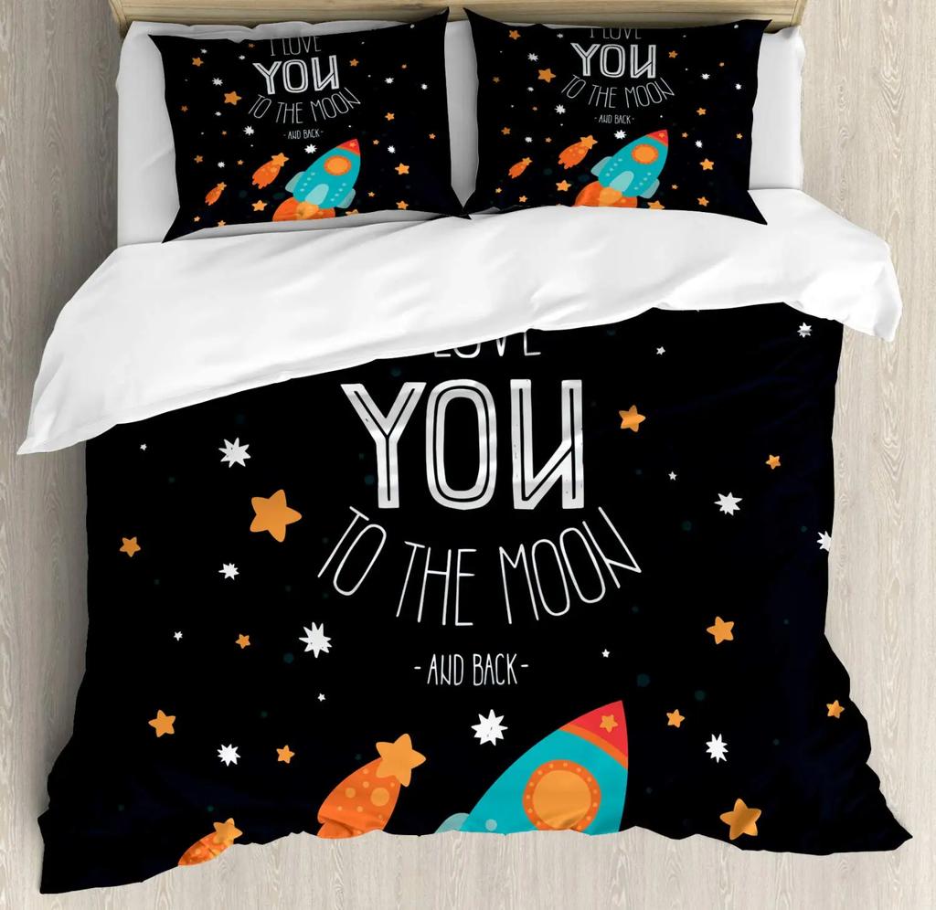 I Love You Duvet Cover Hand Drawn I Love You To The Moon and Back Words with Stars Celebration King Size Polyester Bedding Set
