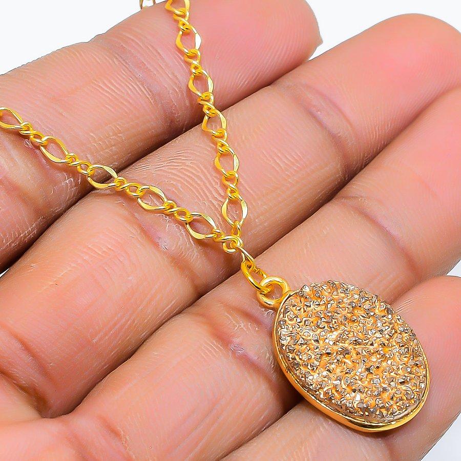 Pyrite Druzy Gemstone Handmade 925 Sterling Silver Jewelry Necklace 20" GK-5018