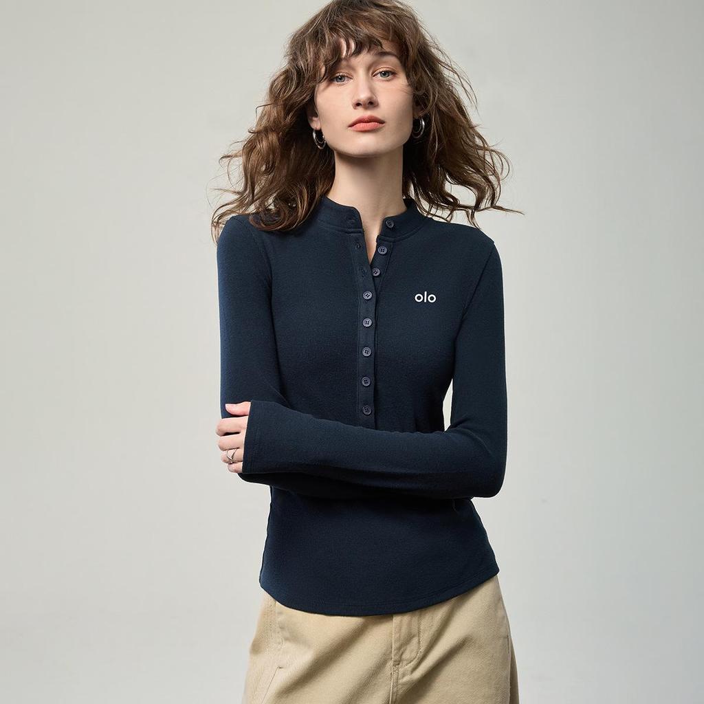 Women's Brushed Button Henley Long Sleeve T-Shirt - Autumn 2025 Print Slim Base Layer Top