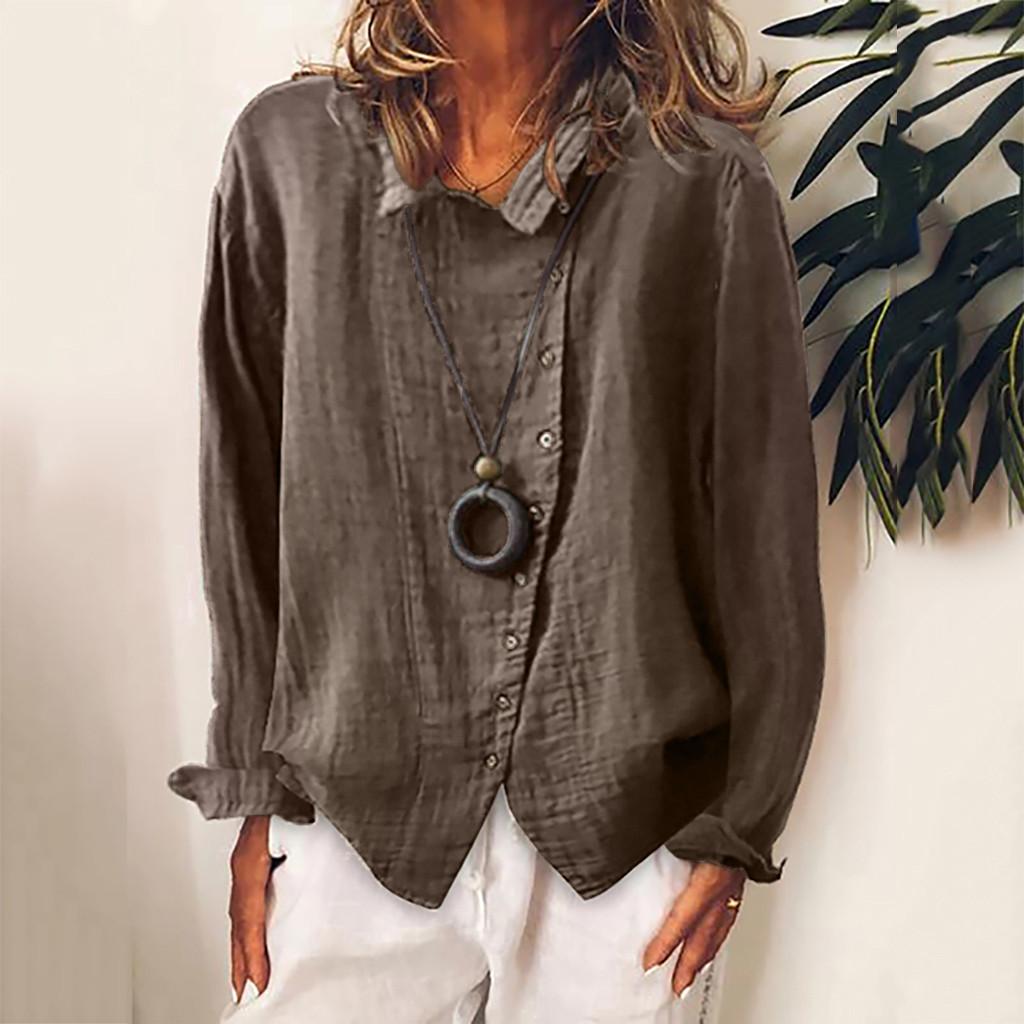 Модная женская хлопковая льняная повседневная однотонная футболка с длинными рукавами на пуговицах, блузка, топы