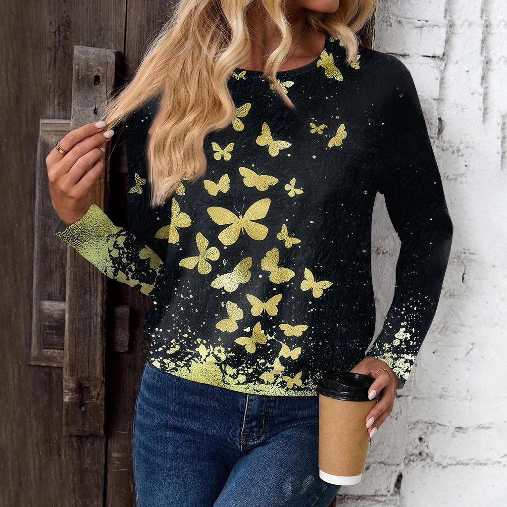 Women's Fashionable Casual Long Sleeved Printed Off Shoulder Round Neck Top