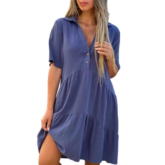 Летнее женское платье с V-образным вырезом и лацканами, плиссированное лоскутное подол, однотонное свободное платье трапециевидной формы с короткими рукавами и длиной до колена, платье миди