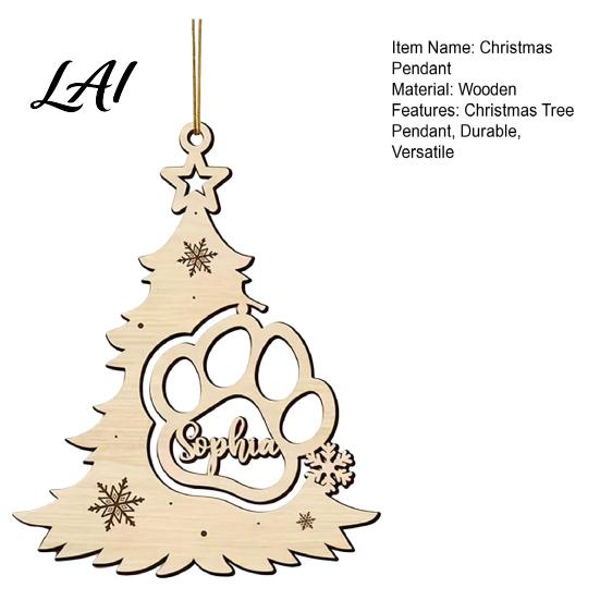 Creative Wooden Pet Pendants Wood Christmas Tree Pendant with Paw Print Hollow Engraved Hanging Handmade Decorations for Ornament Rustic Style Craft