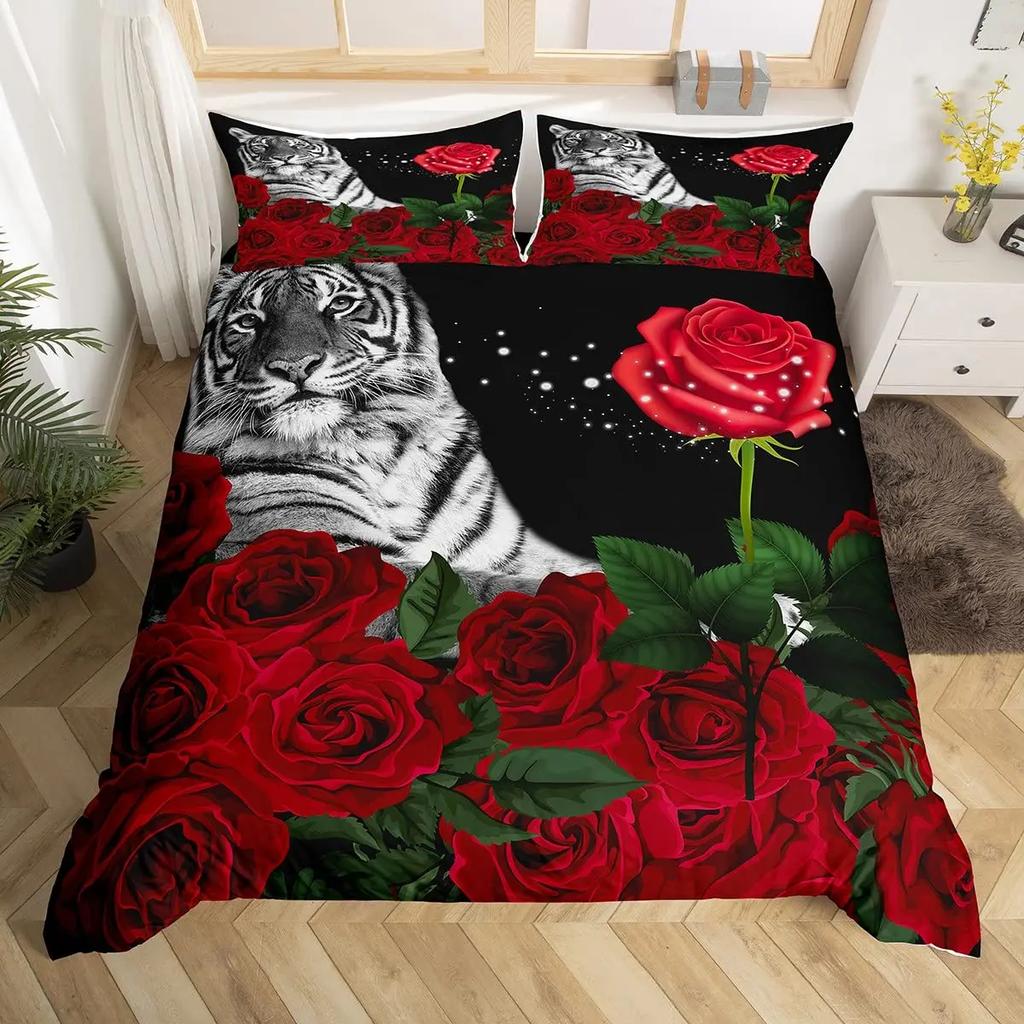 Tiger Comforter Cover Set 3D Tiger Lying on The Stump Pattern Duvet Cover with Zipper Ties Wild Animal Theme Bedding Set for Kid