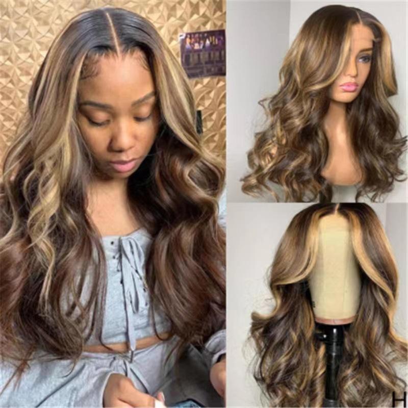 Front lace wig, hot-selling big wave women's burgundy high temperature silk chemical fiber wig headgear in stock