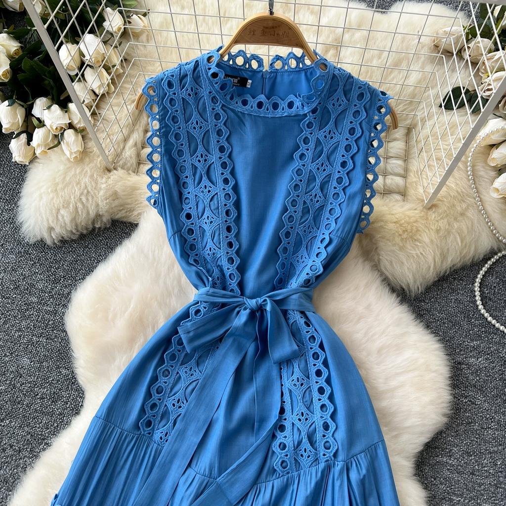 Summer Elegant Lace Spliced Embroidery Long Maxi Holiday Robe Women's Sleeveless Tank Wedding Party Dressess