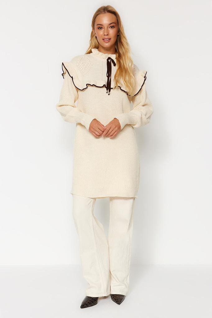 Women's Fashionable Stylish Hijab Sweater Cream Black Ribbed Knitwear Knitted Sweater