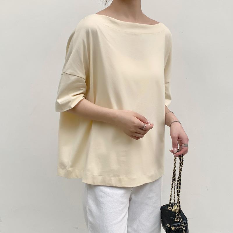 Новая летняя стильная японская однотонная футболка с коротким рукавом и воротником, простая однотонная повседневная свободная трикотажная футболка с рукавом пять четвертей для женщин