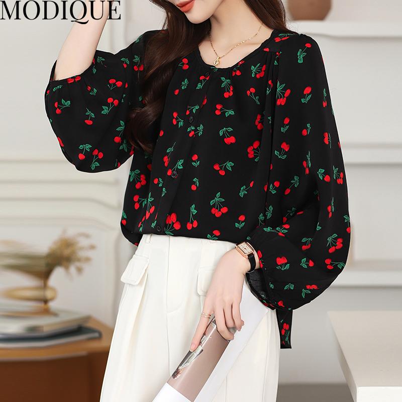 MODIQUE весна лето большие размеры женские свободные повседневные элегантные хлопковые льняные шифоновые блузки с цветочным принтом рубашки женские базовые с круглым вырезом пальто с пышными рукавами