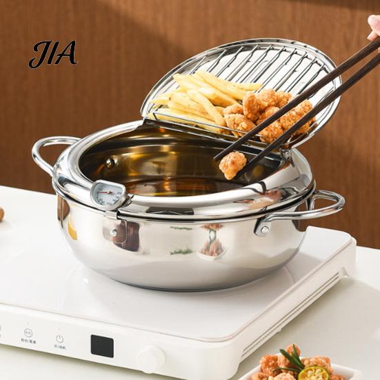 Professional Tempura Frying Tools Stainless Steel Stovetop Deep Fryer Pot with Thermometer, 2.2/3.2L Multifunctional Non Stick Versatile Cooking