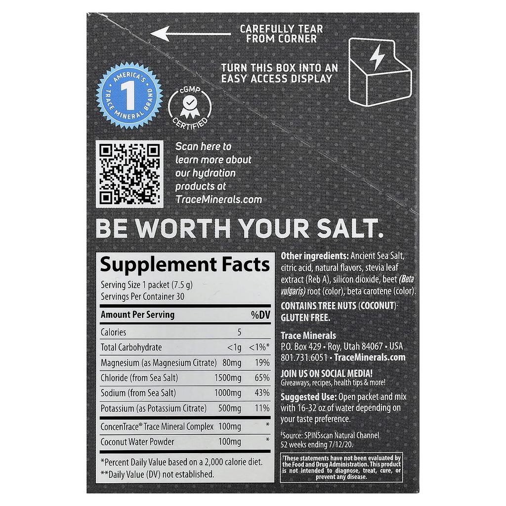 Tm Sport, Zerolyte Electrolyte Drink Mix + Coconut Water, Salty Tropical, 30 Packets, 7.5G (0.26Oz) Each