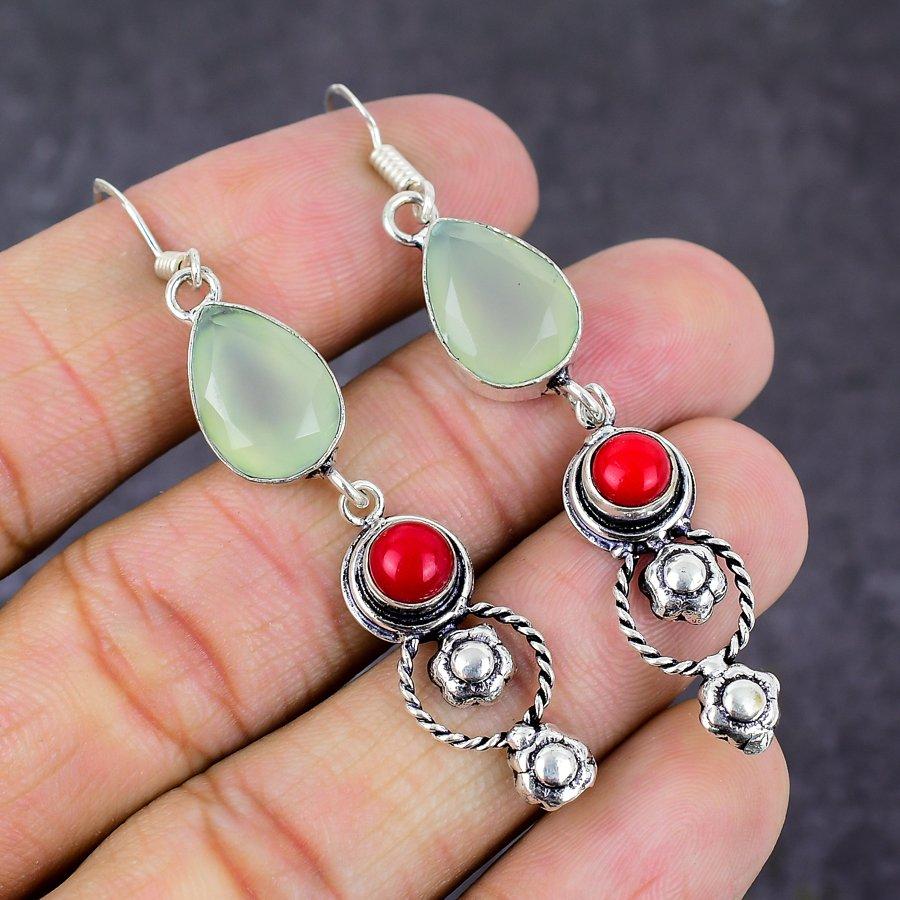 Серьги из серебра 925 пробы с зеленым халцедоном и коралловым драгоценным камнем 2,60 дюйма M0G75