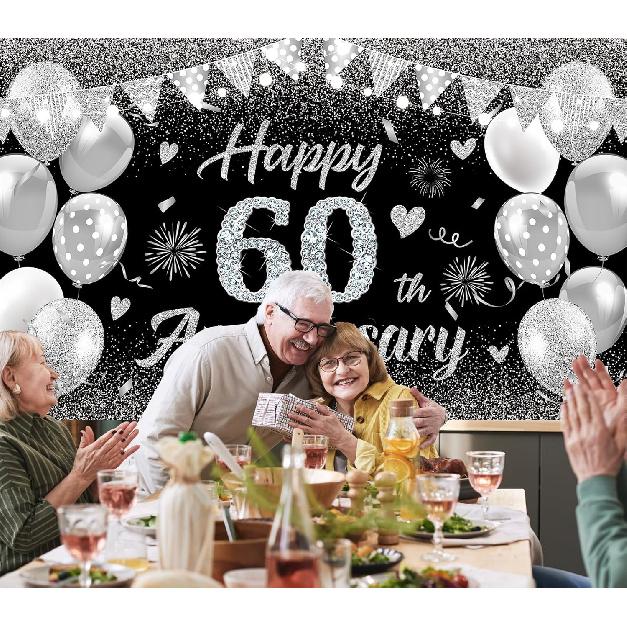 Happy 60th Anniversary Banner Decor Black Silver – Glitter Love Heart Happy 60 Years Wedding Anniversary Party Backdrop Theme Decorations for Women