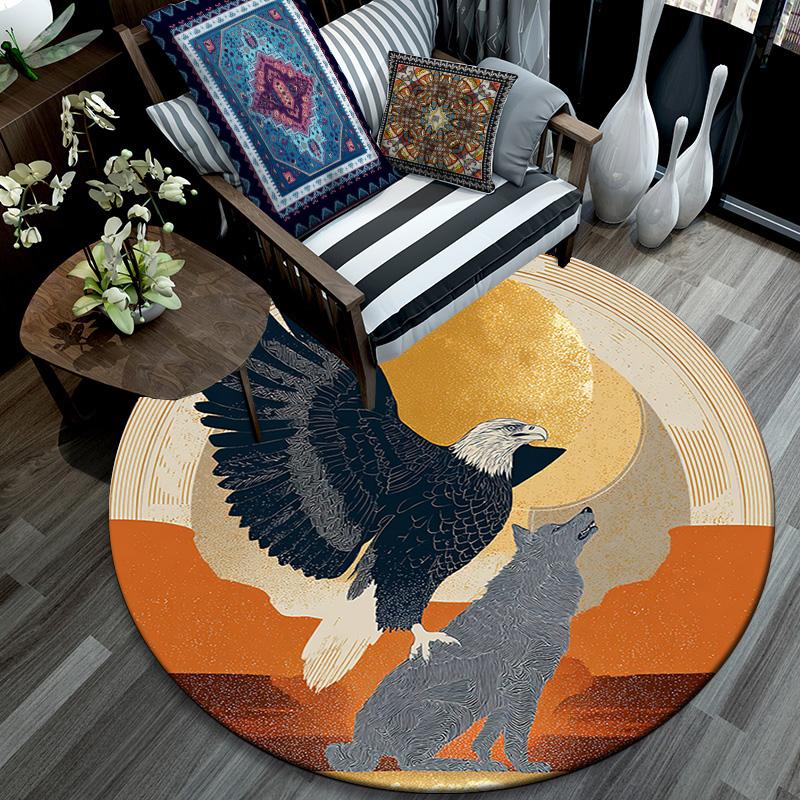 Eagle Wolf Round Area Rug,Carpet Rug for Living Room Bedroom Sofa Playroom Decor,Non-slip Floor Mat
