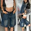 Rose Beauty A WomenY2K Street Vintage Washed Slant Pocket Cat Whiskered Trendy Edge Style Wide Leg Jeans Casual Knee Length Denim Shorts