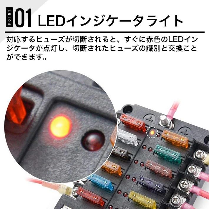 Car Boat Fuse Box Holder with Waterproof LED Warning Light ATO ATC Block Blade Fuses View Kit Stickers DC for Trikes 12-Way Kit, Fuses, 5A, 10A, 15A,