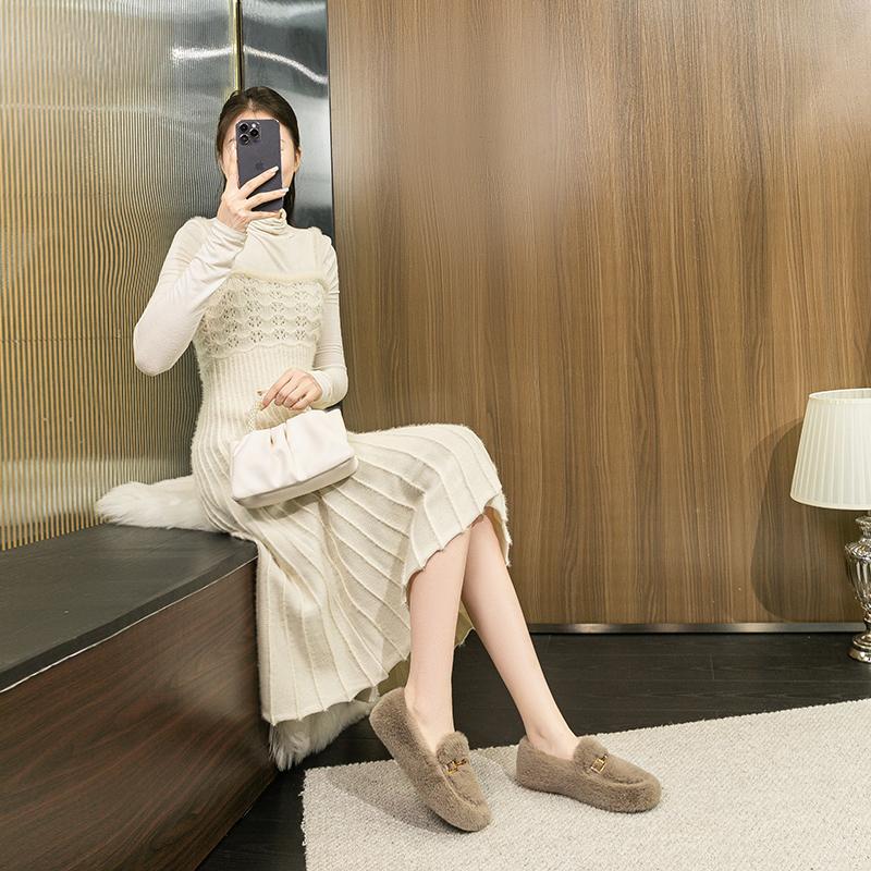 2023 Winter Women's Outdoor Plush Warm Shoes Korean Style Metal Decoration Snow Boots White Boat Shoes Ladies' Casual Flats