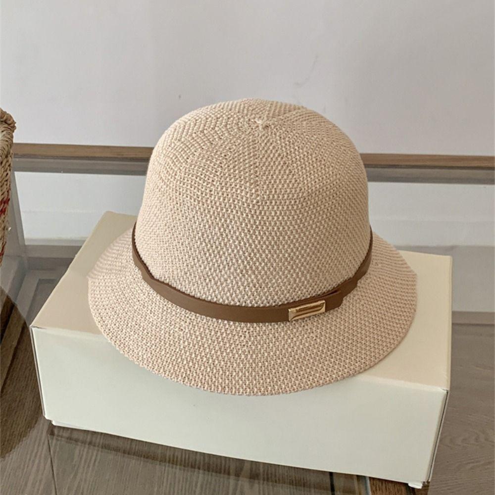 Korean PU Leather Belt Women Sunscreen Hats Wide Brim Sun Protection Summer Bucket Hats Sweet Simple Outdoor Straw Hats Girls