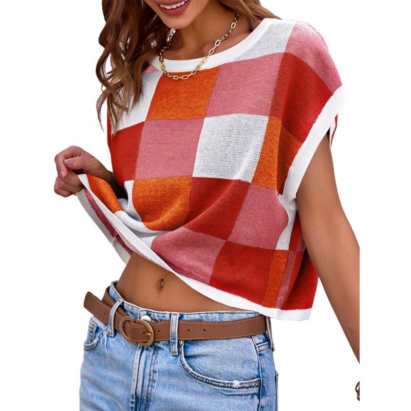 Вязаный клетчатый свитер с круглым вырезом и короткими рукавами, женский короткий топ с высокой талией и открытым пупком, повседневный трикотаж