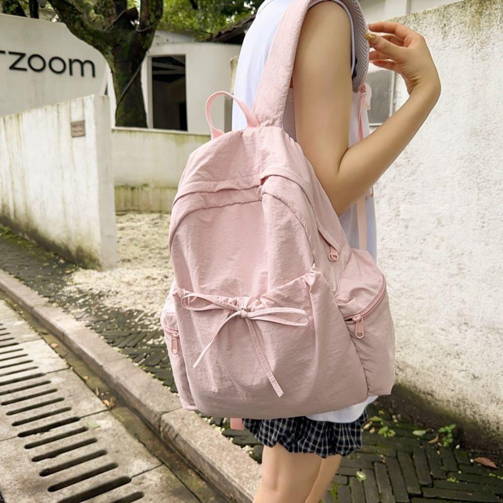 New Design Nylon Lightweight Backpack Solid Color Travel Shoulders Bag Bow Wrinkle Backpack Women