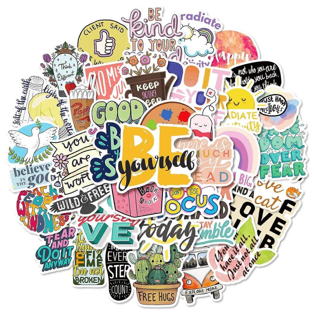 50pcs Mixed Cartoon Motivational Text Vinyl Stickers for Water Bottles Tumbler Luggage Skateboard Bumper Scrapbook Cup, Gift Sticker for Kids Teens Ad