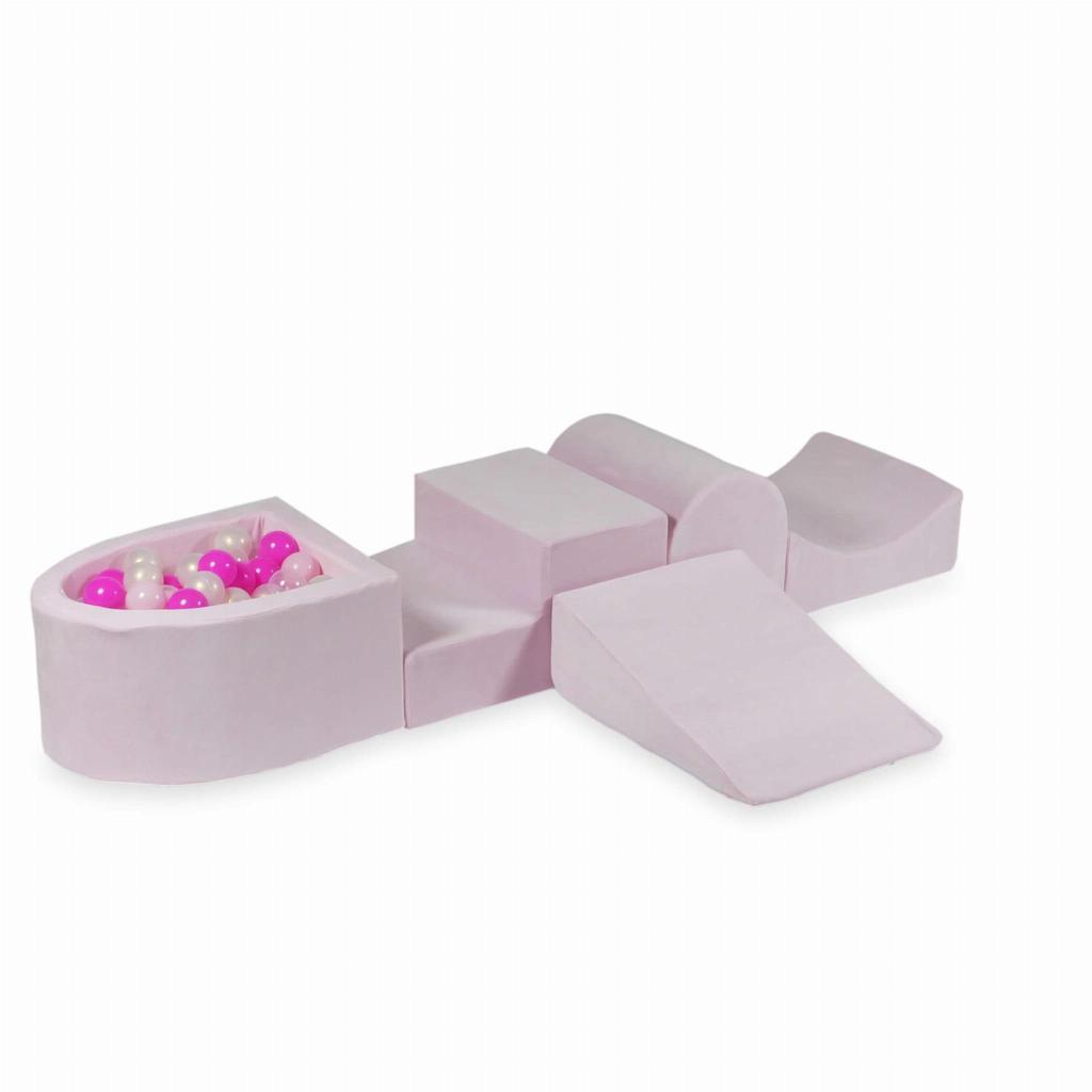Foam playground with hill and pool micro Velvet Soft Light Pink + 100 balls: transparent, opalescent, light pink, pink