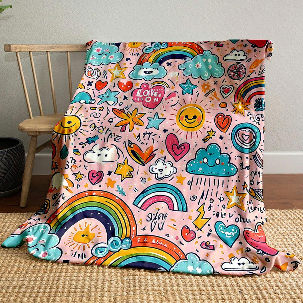 Colorful Cartoon Rainbow and Cloud Pattern Patterned blanket, flannel, suitable for all seasons, home decor, warm and cozy