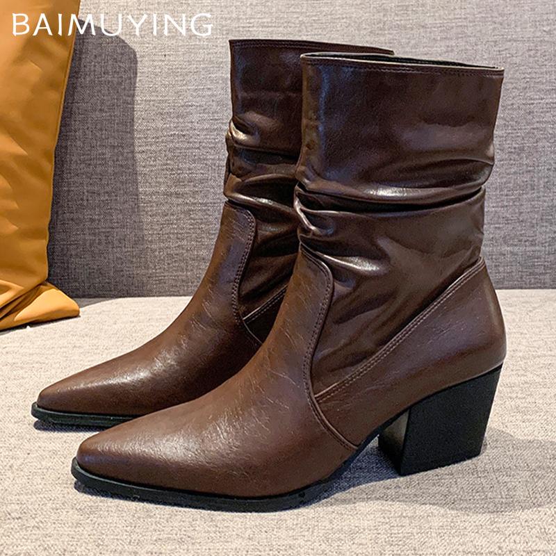 Ботильоны со складками, острый нос, толстый каблук средней высоты, зимняя женская обувь 2025 года, трендовые дизайнерские классические готические туфли-лодочки Chelsea Botas Mujer