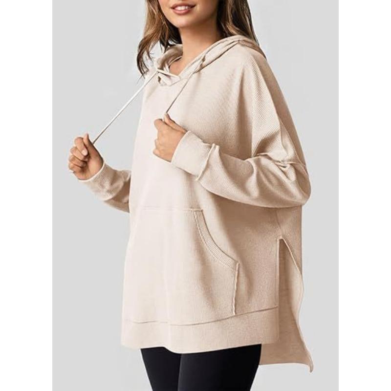 Осенне-зимняя женская толстовка с капюшоном больших размеров с вафельным узором и боковыми разрезами, свитшот с карманом, длинный рукав, пуловер